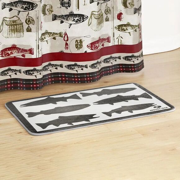 Mossy Oak Ghillie Memory Foam Bath Rug Fish Motif Lake House Vibe Cream Brown - Picture 3 of 4